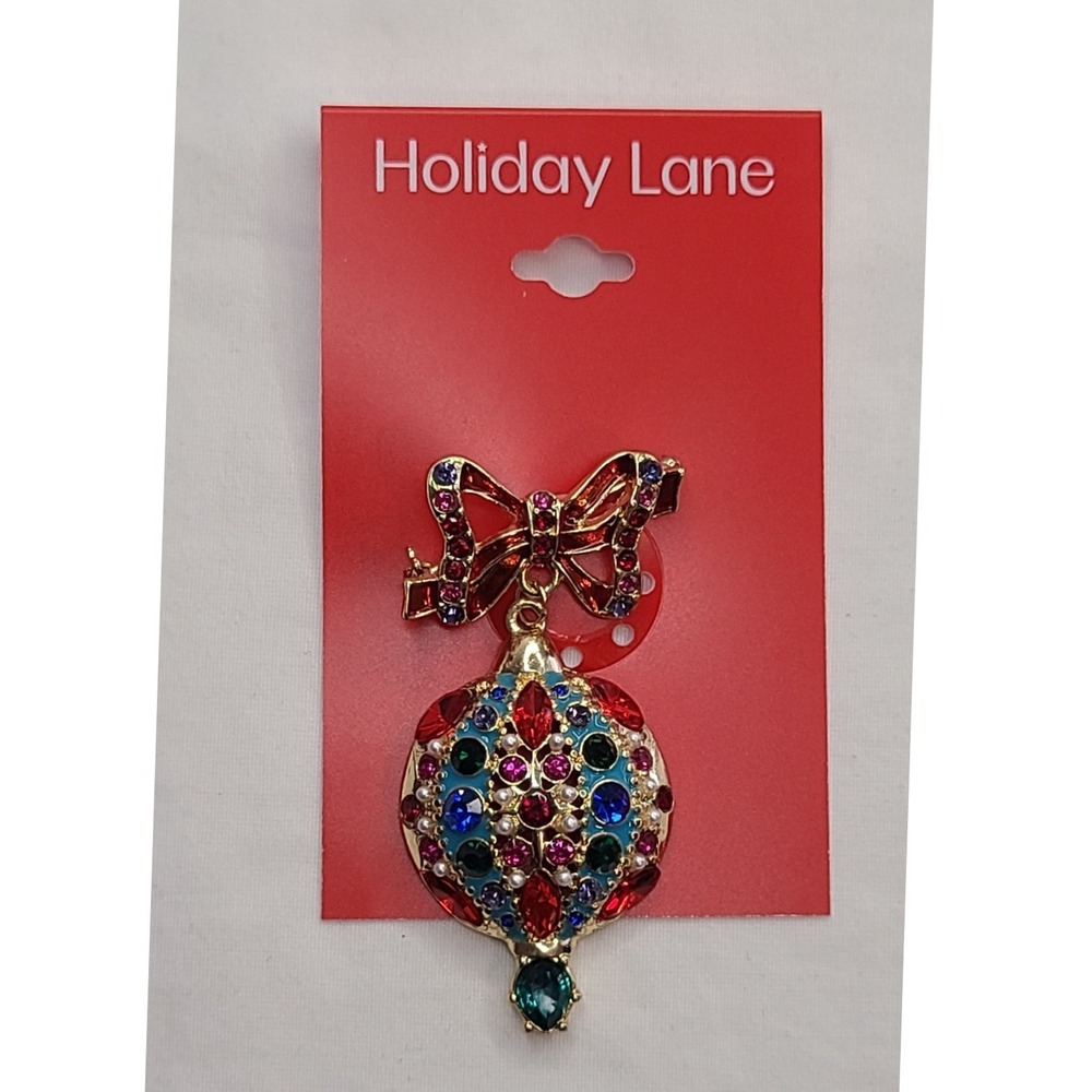 Holiday Lane Christmas Ornament Bow‎ Rhinestone Brooch Pin Women